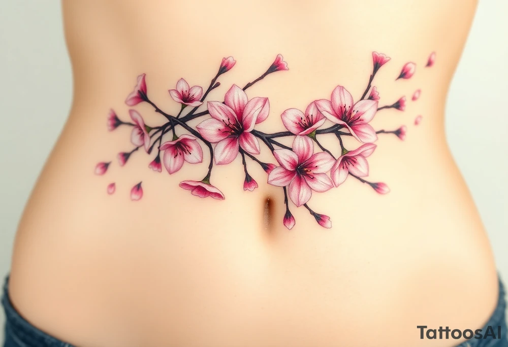 delicate cherry blossoms swirling in spring breeze with petals tattoo idea