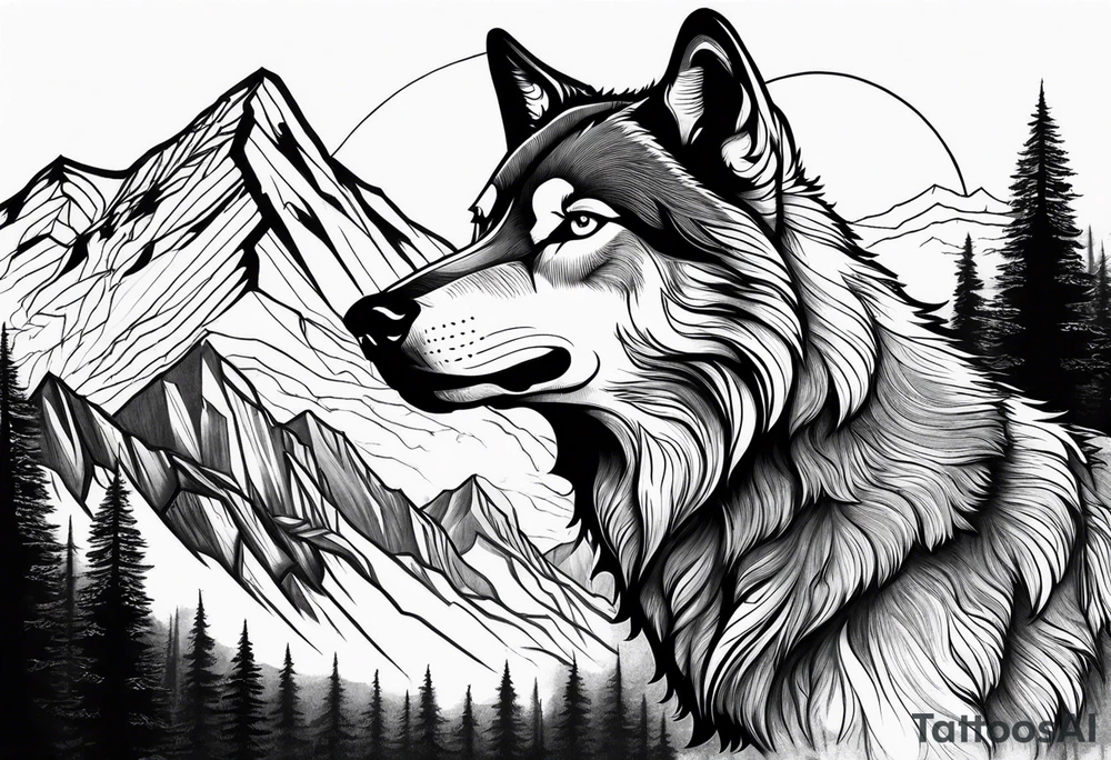 Mountains, wolf in it tattoo idea