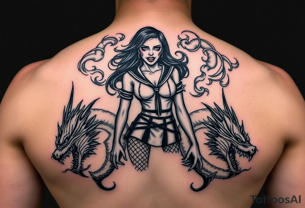 beautiful vampire woman with bloody mouth dressed in short skirt and sailors top with fishnet leggings and arms, surrounded by swirling smoke and blood that forms dragon head shapes tattoo idea