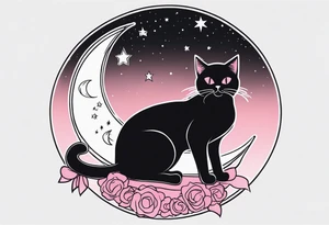 1.	Gothic Black Cat with Pink Bows – A sleek, black cat sitting on a crescent moon, with wide, eerie eyes and a small pink bow tied around its neck or tail, set against a starry night sky. tattoo idea