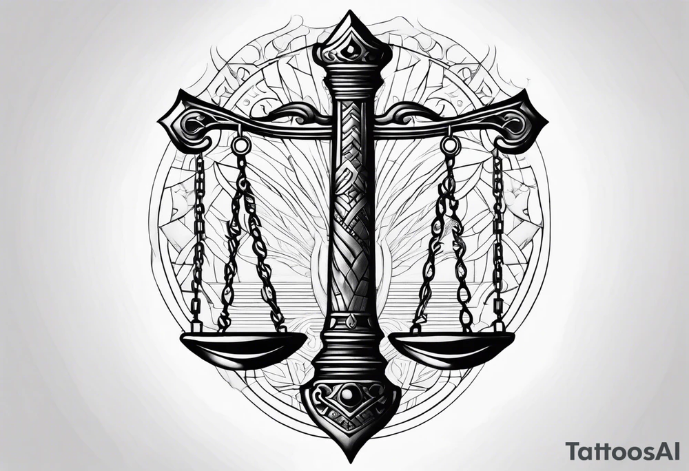 Sword with Libra scales fine lines tattoo idea