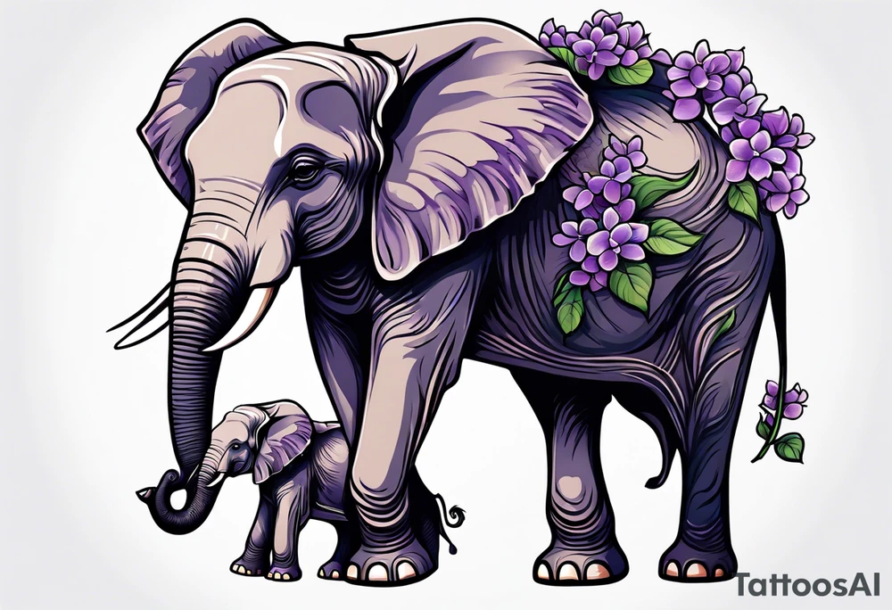 Elephant with baby Elephant holding lilacs tattoo idea