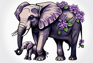 Elephant with baby Elephant holding lilacs tattoo idea