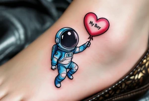 A cheeky little astronaut in a blue and silver suit, floating with a balloon shaped like a heart labeled “My Boy.” tattoo idea