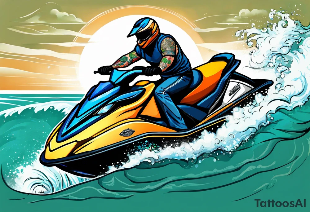 jay is a big irish man with three arms riding a jet ski tattoo idea
