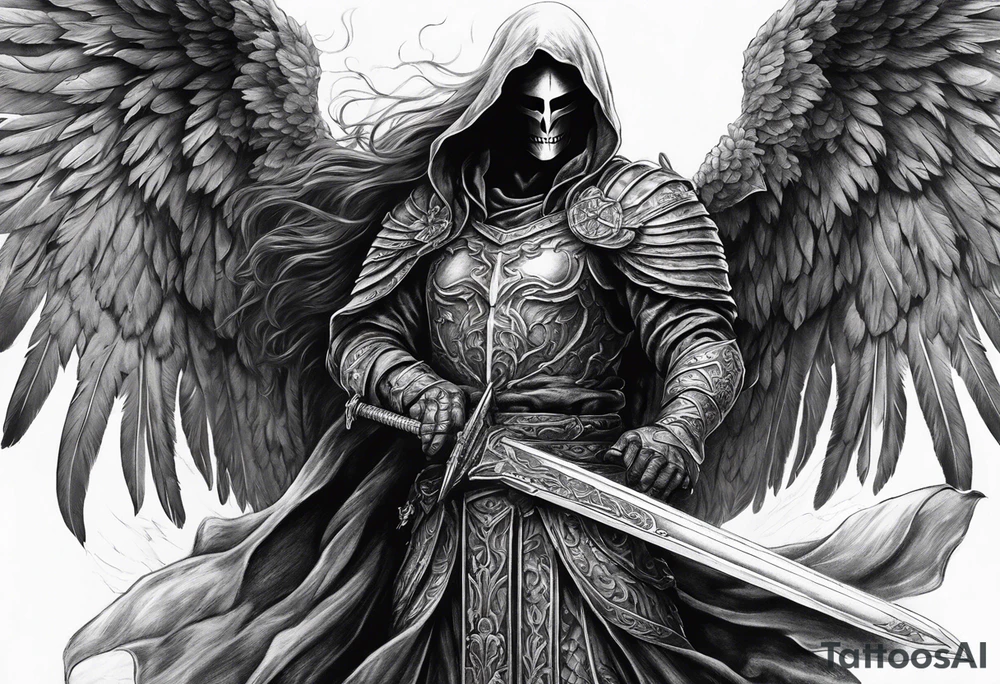 realistic angel of death, man, full body, no face visible, holding one sword, sword vertically pointing downwards tattoo idea