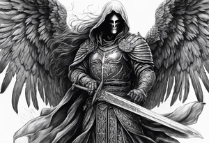 realistic angel of death, man, full body, no face visible, holding one sword, sword vertically pointing downwards tattoo idea