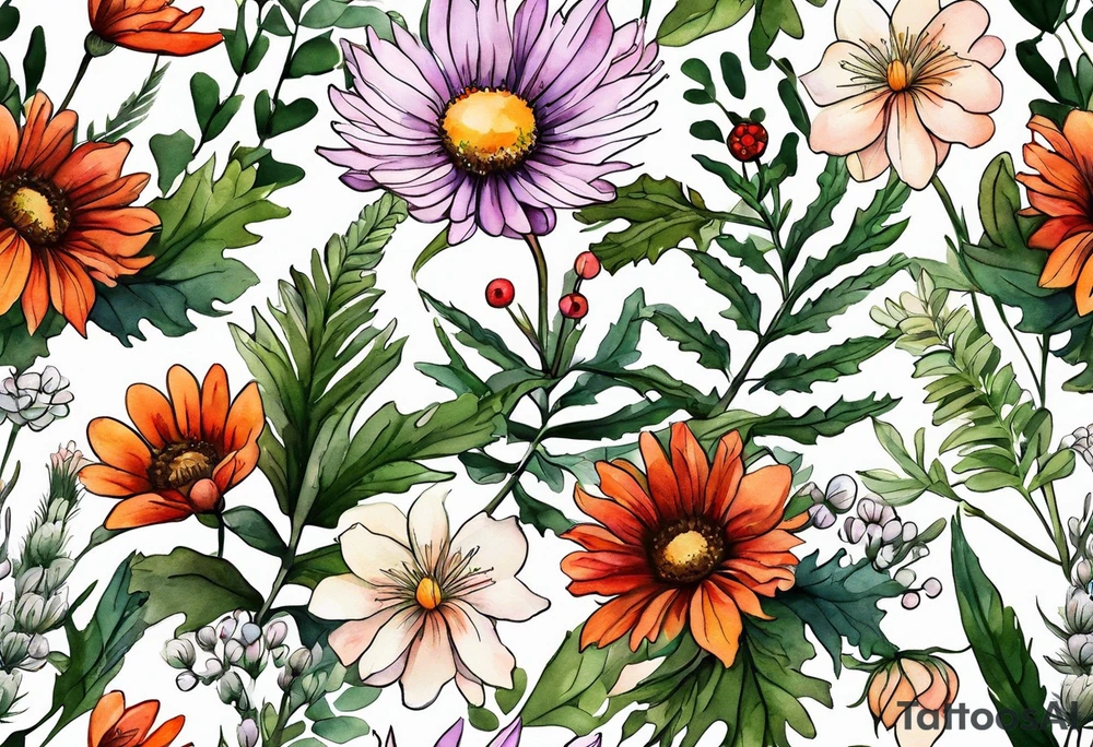 wildflowers with thistles, ferns, white flowers, cream flowers, sun flowers, orange flowers, green flowers, pink flowers, red flowers, berries and all in watercolor tattoo idea