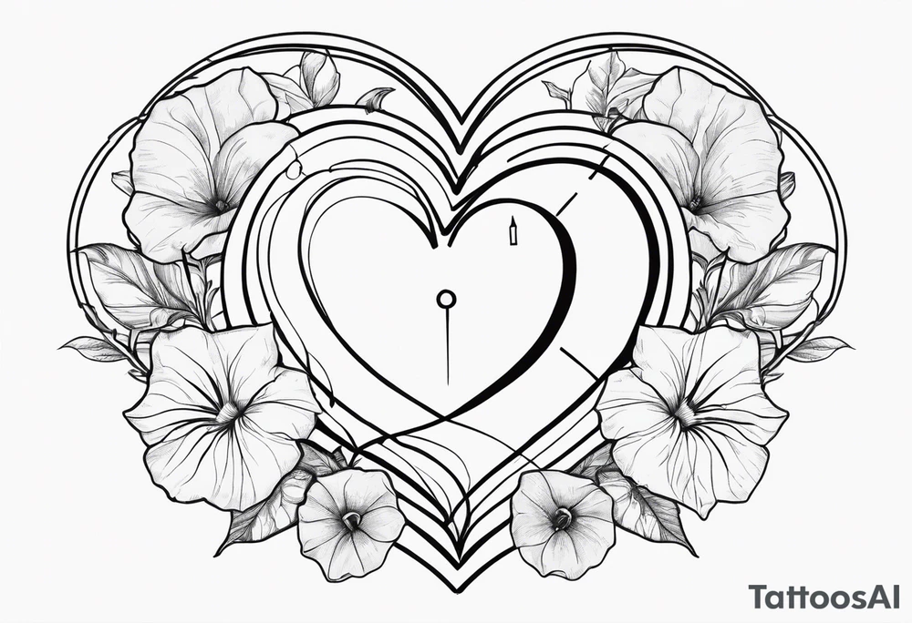 Heart with morning glory flowers and Cameron as the line to draw the heart and the time 8:34am written with the line tattoo idea