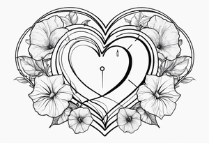 Heart with morning glory flowers and Cameron as the line to draw the heart and the time 8:34am written with the line tattoo idea