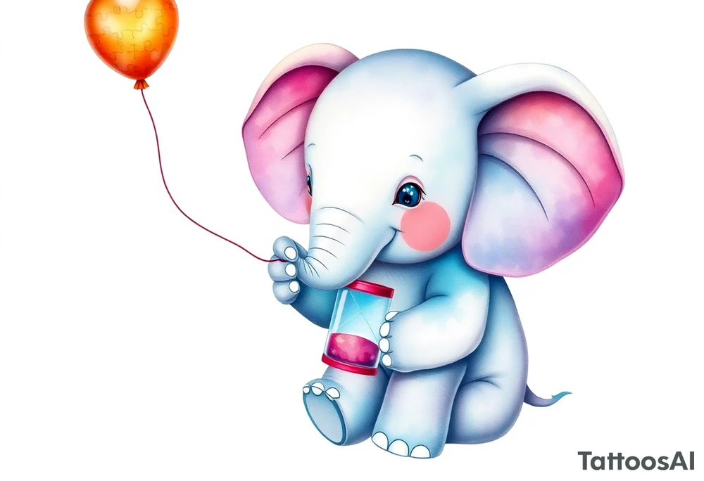 Baby elephant holding autism puzzle balloon holding hour glass tattoo idea