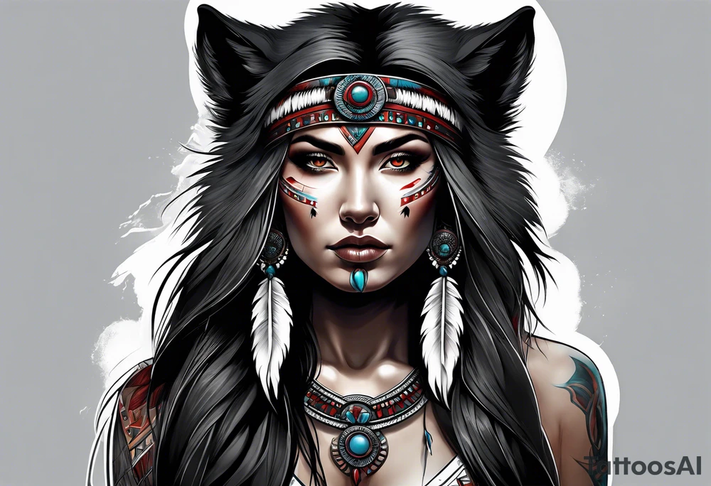 dark photo realistic woman, full body, native american, wolf, bear, ghostly, blood tattoo idea