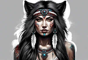 dark photo realistic woman, full body, native american, wolf, bear, ghostly, blood tattoo idea