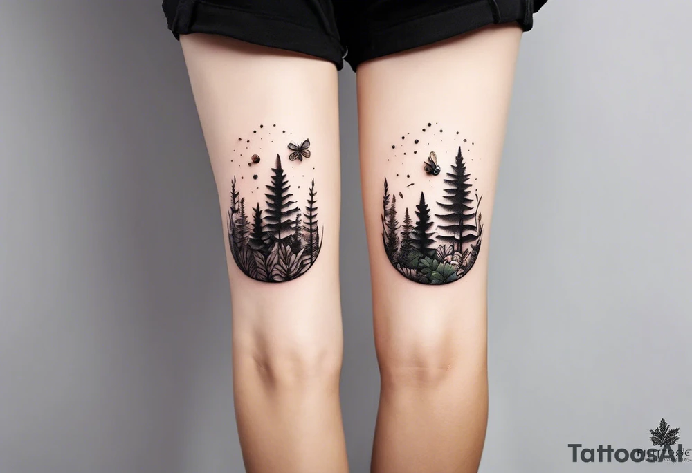 minimalistic forest floor inspired tattoo, which includes grass, moss, curly ferns and dead leaves as the bulk of the tattoo. details to include: forest berries, couple of very small brown mushrooms, a tiny bumblebee flying nearby tattoo idea