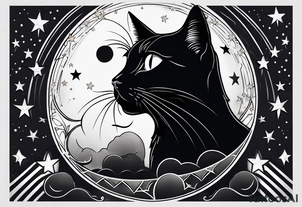 Photo realistic black cat head with moon and stars tattoo idea