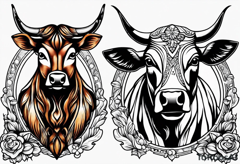 a cow and an owl standing next to each other with sheets over their heads tattoo idea