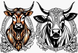 a cow and an owl standing next to each other with sheets over their heads tattoo idea