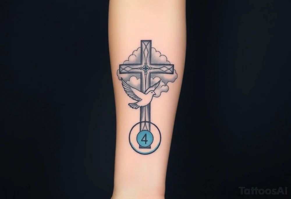 Big cross with clouds in the back with a dove a the bottom left of the forearm with a blue circle around it and the number 4 to the of the dove. cover the whole forearm tattoo idea