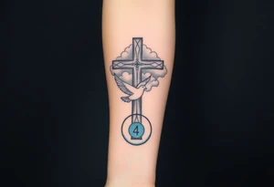 Big cross with clouds in the back with a dove a the bottom left of the forearm with a blue circle around it and the number 4 to the of the dove. cover the whole forearm tattoo idea