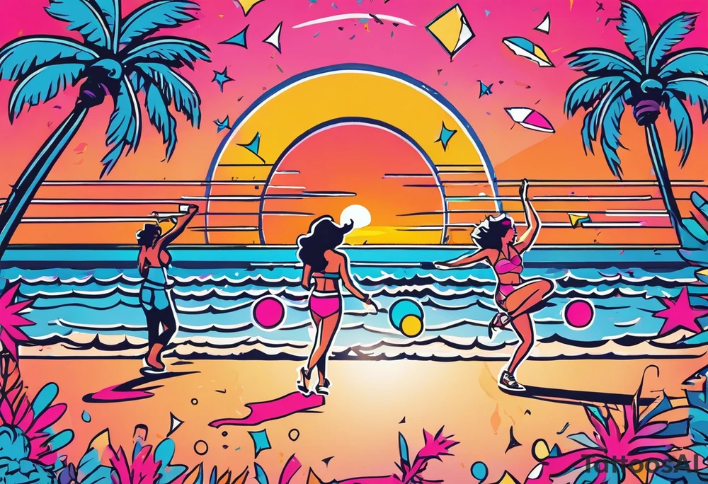 1980's miami vice style beach dance 
party, include confetti, music notes, boom box, bikinis sunset in the center tattoo idea