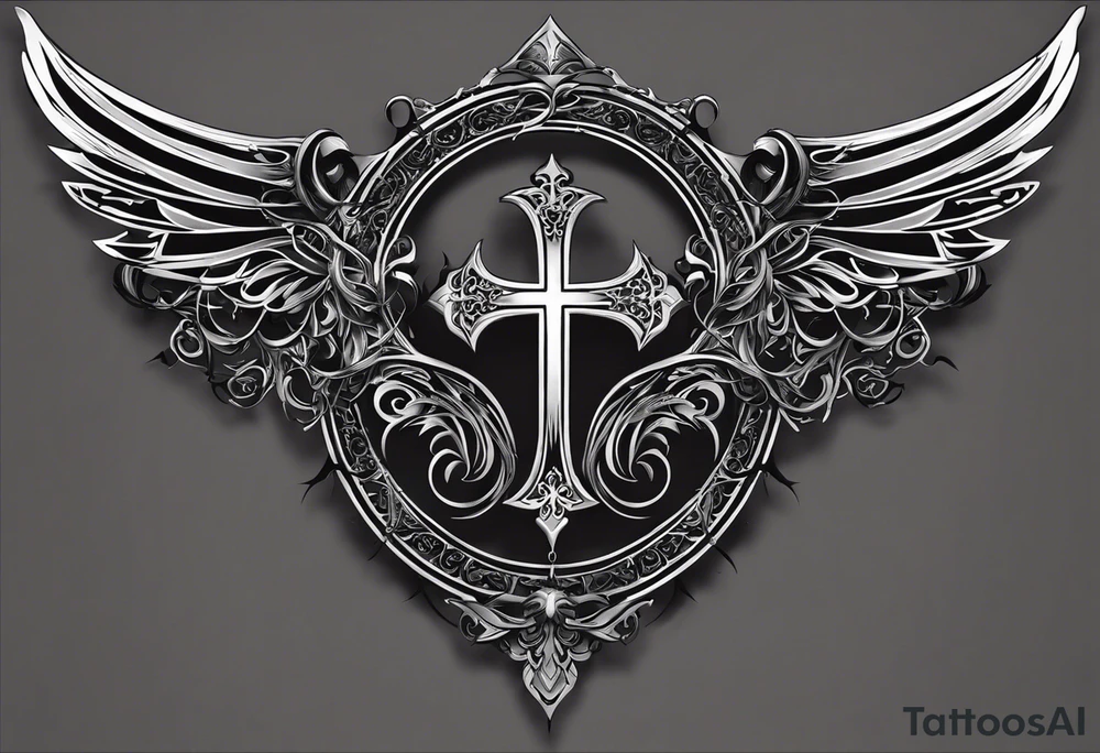 Male chest and neck tattoo with Coptic  Christian
Four cross Wings and Halo**: Combine elements of darkness and light by depicting demonic wings on one side and a halo on the other, both fading into shadowy tendrils that extend across your skin. This design could represent the internal conflict between sinful desires and divine guidance. tattoo idea
