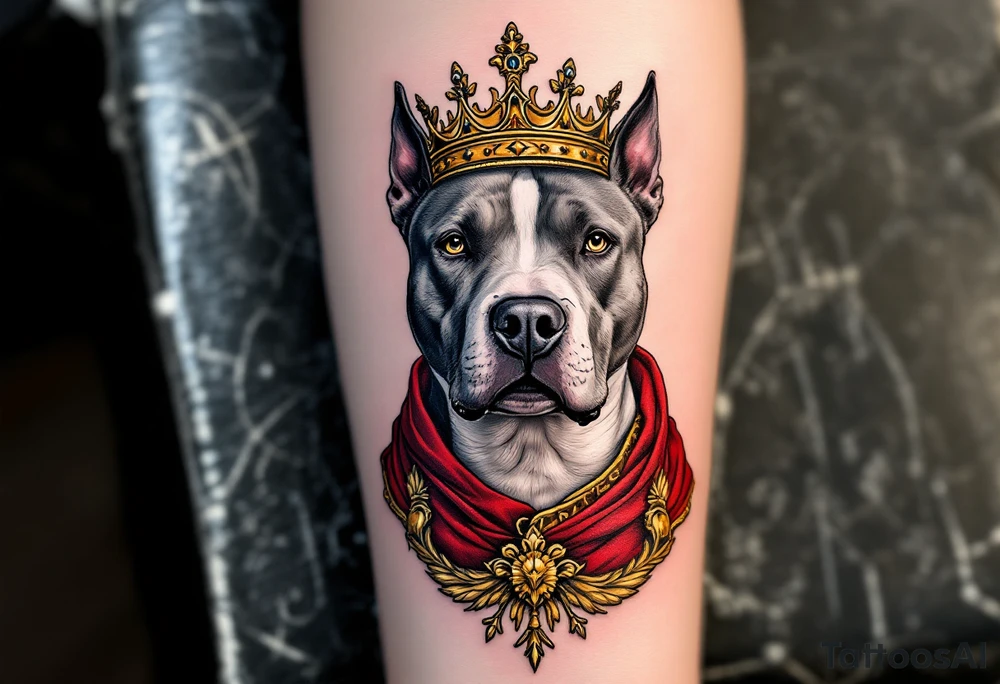 Pitbull wearing a crown, regal pose, realistic black and white with golden accents on the crown and royal red drapery. tattoo idea
