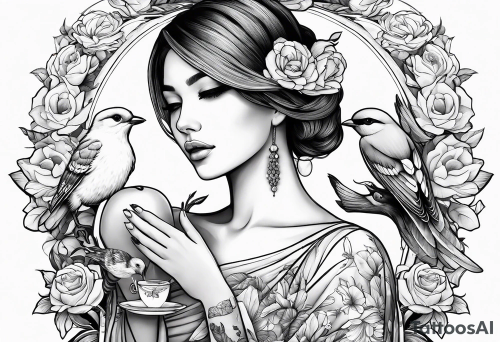 woman holding a book and birds and flowers tattoo idea