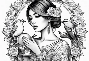 woman holding a book and birds and flowers tattoo idea