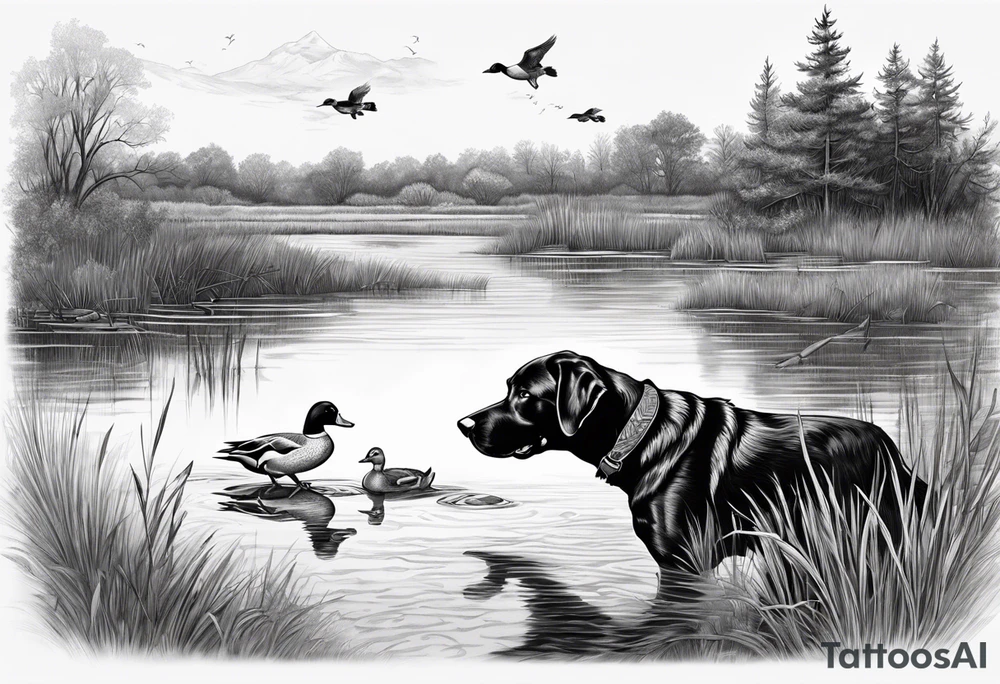 bird dog retrieving duck from marsh tattoo idea