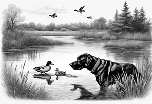 bird dog retrieving duck from marsh tattoo idea