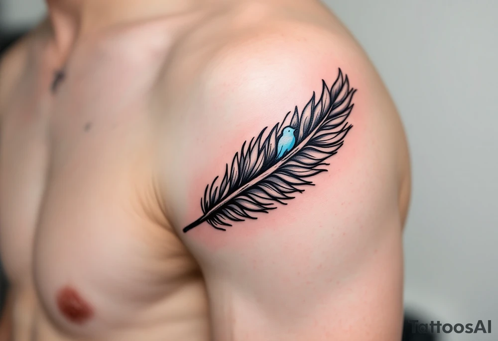 A black ink feather turning into birds, with one bird in light blue representing the son’s spirit. tattoo idea