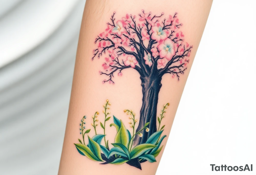 Lilly of the vally bell plants on the ground underneath a majestic blooming hawthorn tree tattoo idea