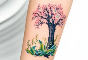 Lilly of the vally bell plants on the ground underneath a majestic blooming hawthorn tree tattoo idea