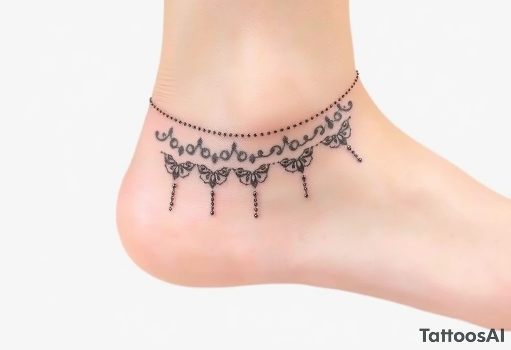 A soft grey lace anklet with tiny chains, blending elegance and femininity tattoo idea
