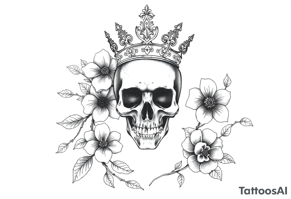 Hourglass with detailed beautiful gothic boho flowers on vine and skull with gorgeous crown tattoo idea