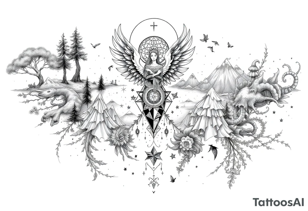 Black and white full-body tattoo concept in a unified, artistic composition. The design subtly blends together hidden elements from anime (Naruto, One Piece, etc.), ancient mythology (Norse, Greek), nature (trees, wind, mountains, water), angelic figures, and spiritual symbols. Each component is woven into the overall image like a visual puzzle – not all details are visible at first glance. The style should be intricate, flowing, and surreal, like a dreamlike mural across the body. The design must appear as one large cohesive artwork, made of soft shadows, fine linework, and smooth transitions tattoo idea