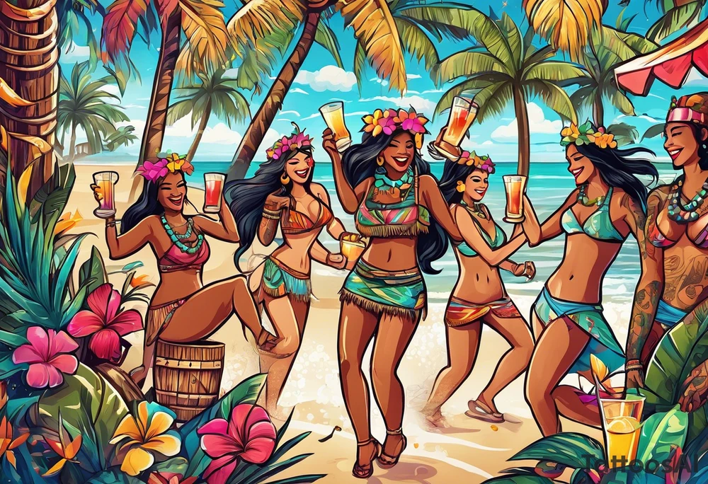 TIKI beach  dance party scene with tropical drinks, sexy girls dancing, music notes, confetti tattoo idea