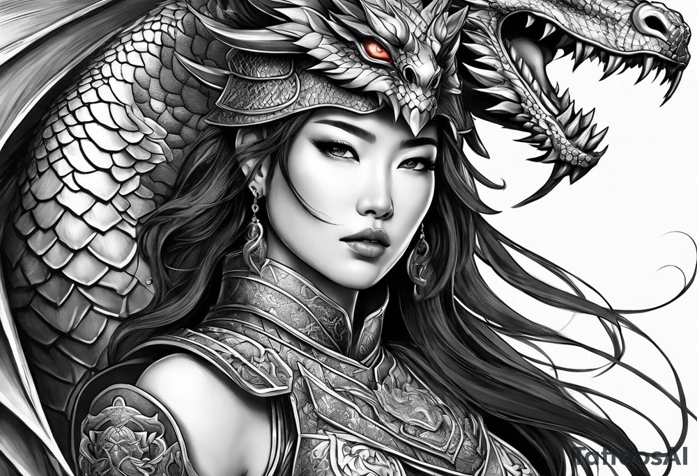 beautiful warrior woman wearing dragon armor and a dragon  flying tattoo idea
