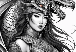 beautiful warrior woman wearing dragon armor and a dragon  flying tattoo idea