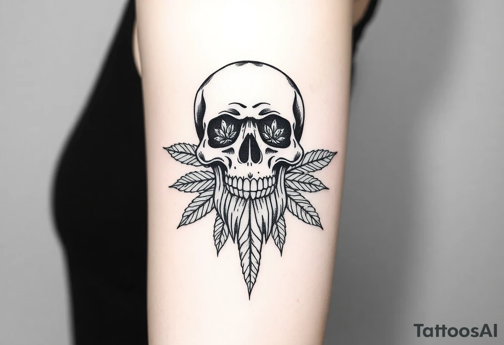"Create a bold, black-and-white illustration of a stylized skull with intricate detailing. Incorporate cannabis leaves extending downward like a beard and marijuana buds filling the eye sockets. Ensure the design is symmetrical, high-contrast, and resembles a tattoo-style artwork with sharp, clean lines." tattoo idea