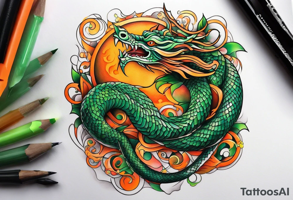 Half sleeve Snake dragon green orange tattoo idea