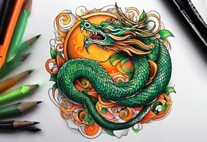 Half sleeve Snake dragon green orange tattoo idea