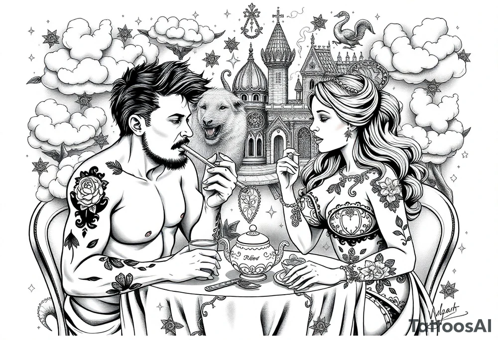 Mystical Naked Man and woman eating cupcakes and liquor fruit  having sex clouds gothic sexy naked fat lady having a tea party with tea pot and Victorian castle 
with a pigs, peacock, noose, lion, goat, smoking cigerettes looking in the mirror thru storm clouds with razor blades and broken hearts and darkness and wrath, envy , gluttony, greed, sloth, pride kill tattoo idea