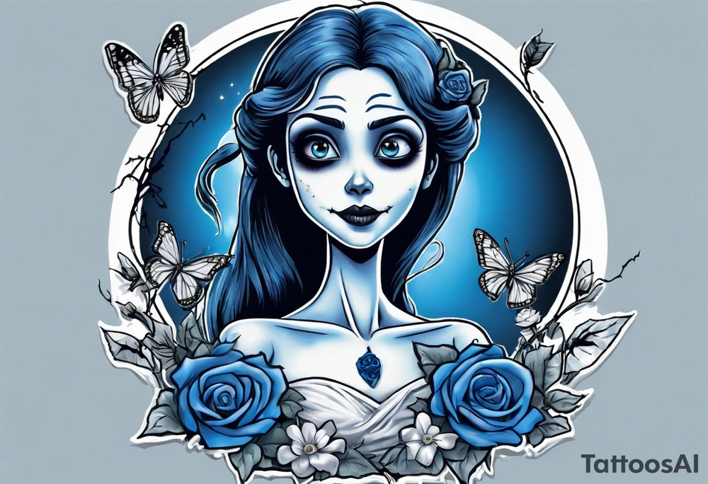 corpse bride Emily wearing a wedding dress she is holding a blue rose bouquet of flowers. one white daisy in the middle of the bouquet. one blue butterfly. A full moon on the background. full grown tattoo idea