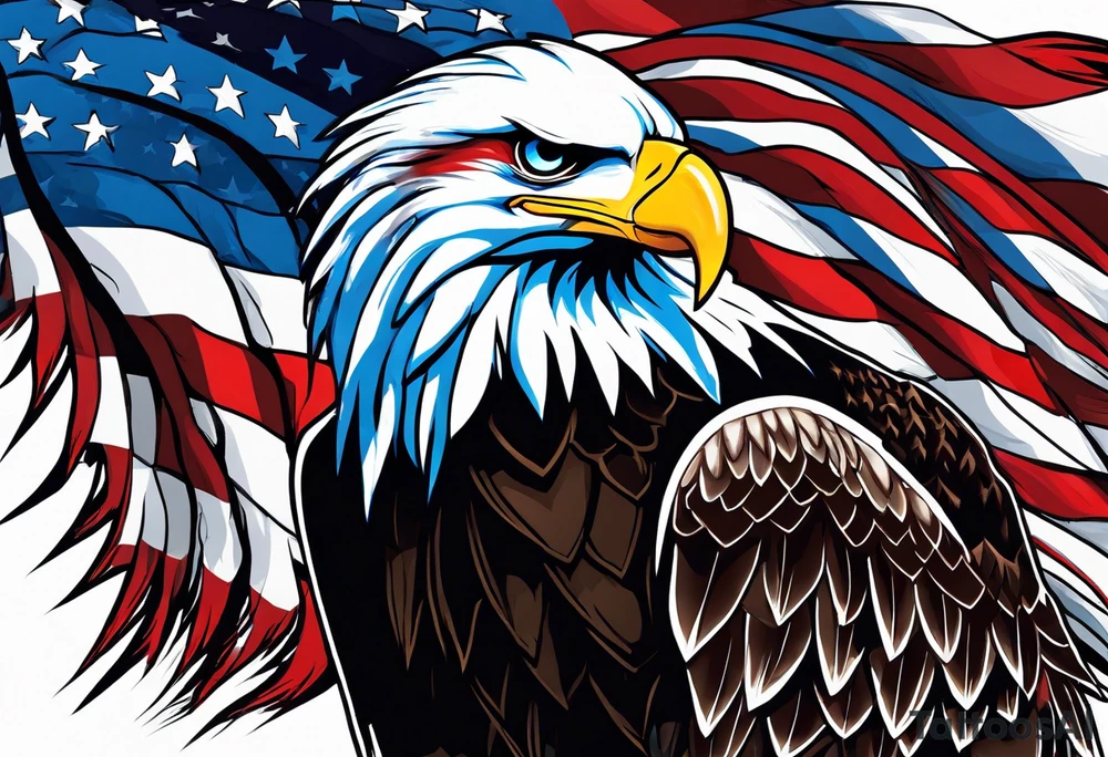 Eagle grabbing america flag with red white and blue blood on talons. tattoo idea