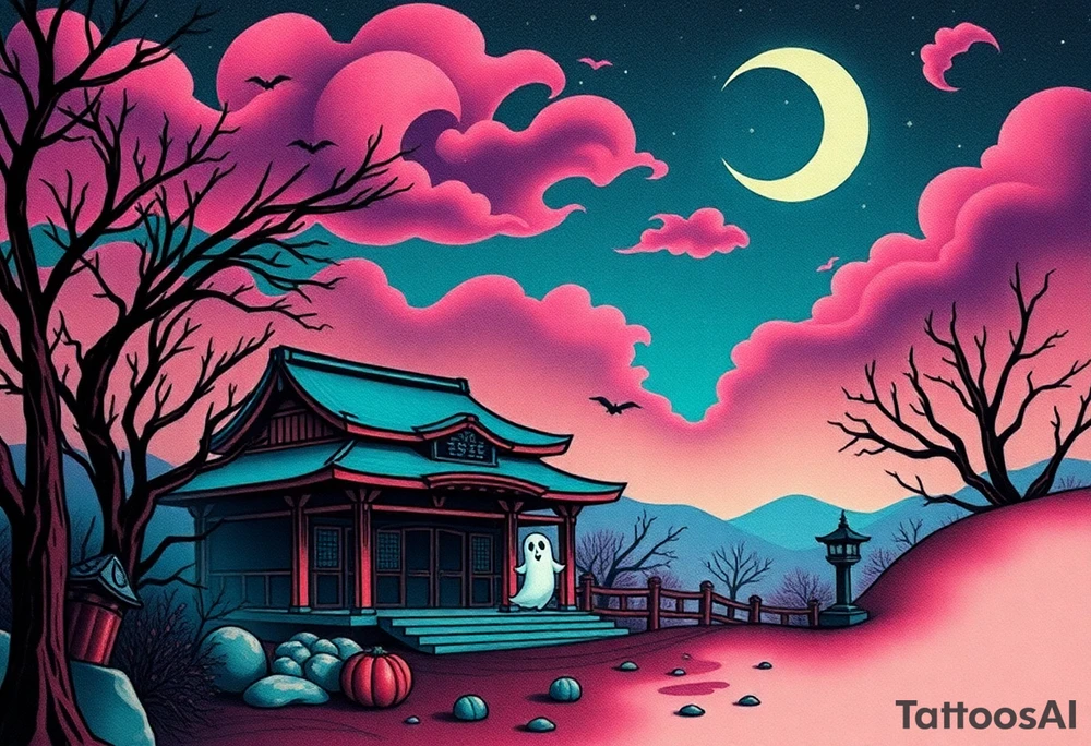 Tim Burton’s haunted pastel Tokyo shrine is abandoned except for one lone samurai ghost and dripping with muted reds, dusty pinks, and eerie green glow.purple and cyan smokey clouds swirl in the crescent moonlit sky thats sprinkled with stars tattoo idea tattoo idea