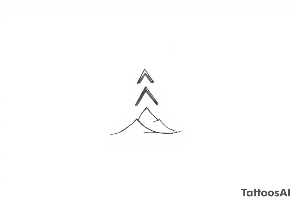 A stacked geometric design resembling a trail marker, consisting of three progressively smaller angular “arrowhead” shapes pointing upward. Beneath the arrow shapes, a thin, curved line flows gently, representing terrain, trails, or movement across landscapes. The design is abstract and highly symbolic, with clean, sharp edges. tattoo idea