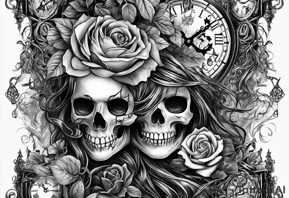 tattoo fool sleeve, tree roots break out of the chains, broken mask, clock with flying numbers, girl and skull, roses tattoo idea