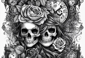 tattoo fool sleeve, tree roots break out of the chains, broken mask, clock with flying numbers, girl and skull, roses tattoo idea