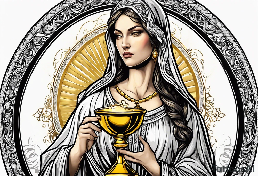 holy saint woman turned away with golden halo holding a chalice tattoo idea